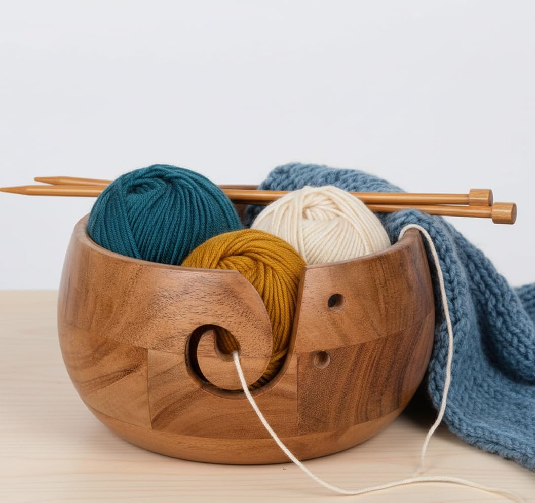 Wooden Yarn Bowl - Wooden Yarn Bowls for Crocheting with Holes, Preventing Slipping and Tangles, Handmade Craft Knitting Bowl Easter Gift for Knitting Lovers