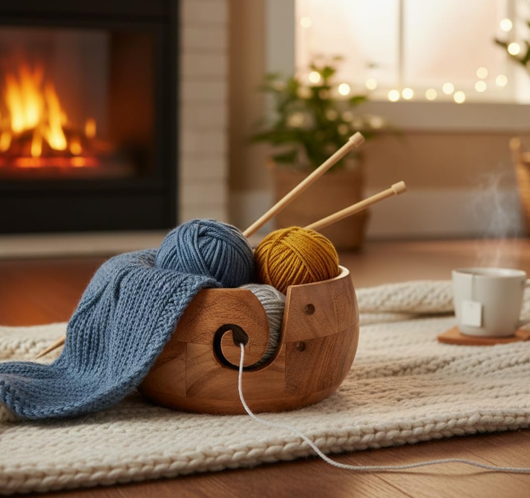 Wooden Yarn Bowl - Wooden Yarn Bowls for Crocheting with Holes, Preventing Slipping and Tangles, Handmade Craft Knitting Bowl Easter Gift for Knitting Lovers