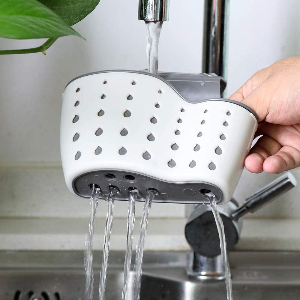 Kitchen Sink Caddy Sponge Holder Silicone Plastic Soap Holder Hanging Ajustable Strap Faucet Caddy with Drain Holes（2 Pack)
