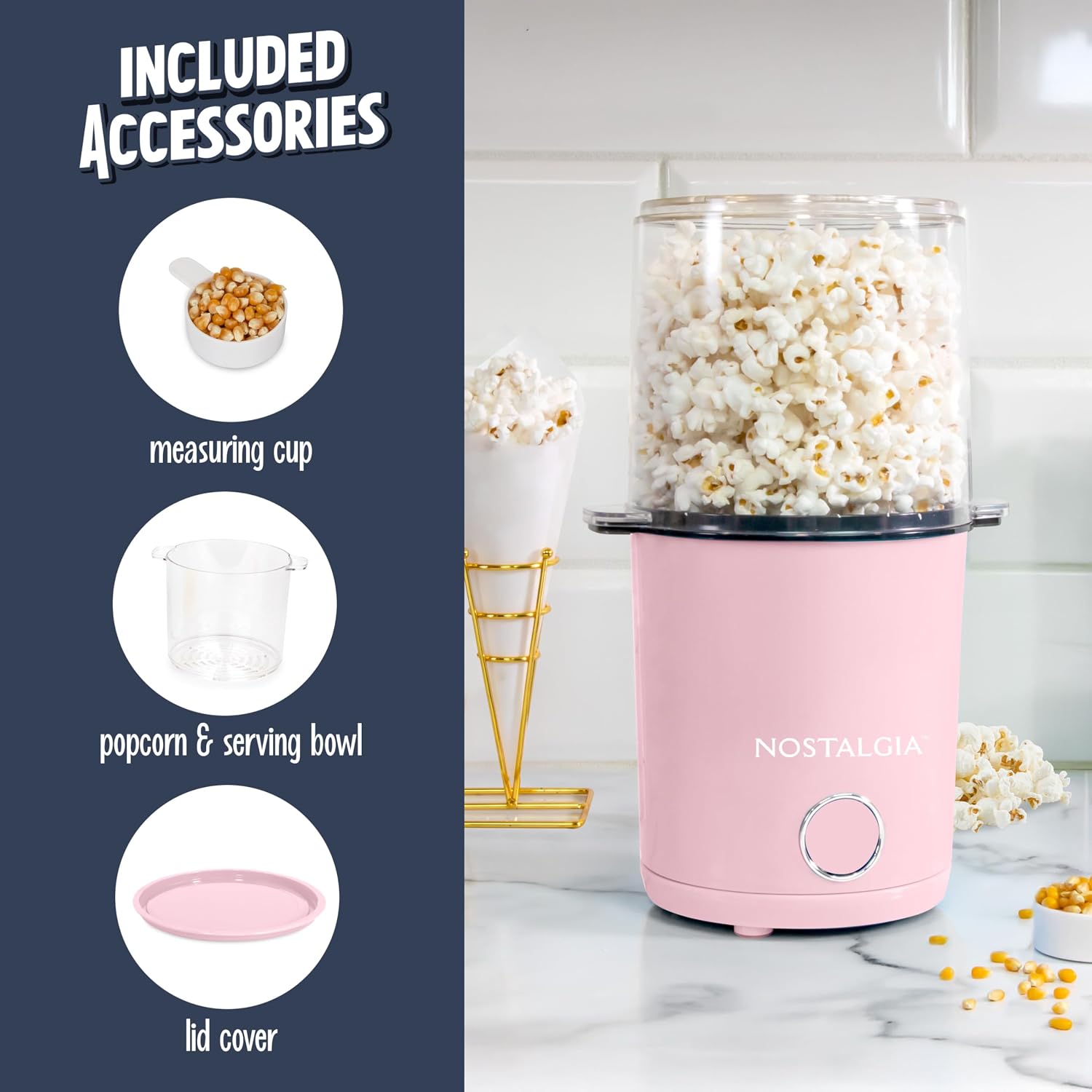 8-Cup Hot Air Popcorn Maker & Bowl - 2-In-1 Bowl & Lid, 2 Oz Measuring Cup - Oil-Free Pop Corn for Movie Night, Snacks, Birthday Parties, and More - Pink