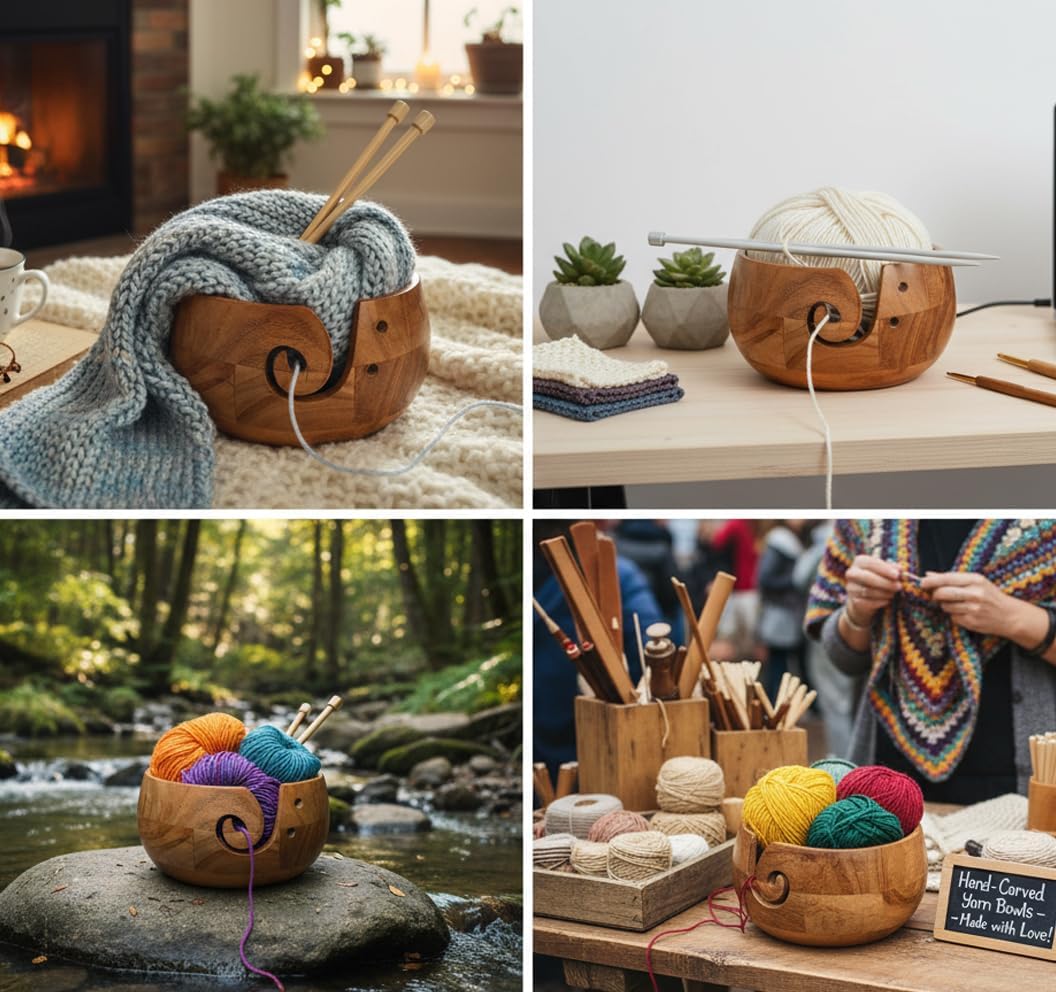 Wooden Yarn Bowl - Wooden Yarn Bowls for Crocheting with Holes, Preventing Slipping and Tangles, Handmade Craft Knitting Bowl Easter Gift for Knitting Lovers