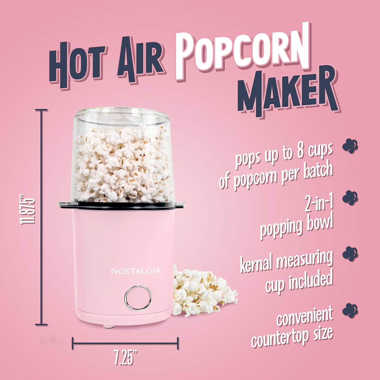8-Cup Hot Air Popcorn Maker & Bowl - 2-In-1 Bowl & Lid, 2 Oz Measuring Cup - Oil-Free Pop Corn for Movie Night, Snacks, Birthday Parties, and More - Pink