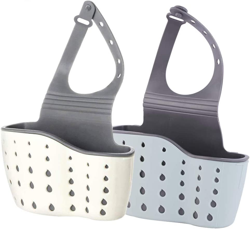 Kitchen Sink Caddy Sponge Holder Silicone Plastic Soap Holder Hanging Ajustable Strap Faucet Caddy with Drain Holes（2 Pack)