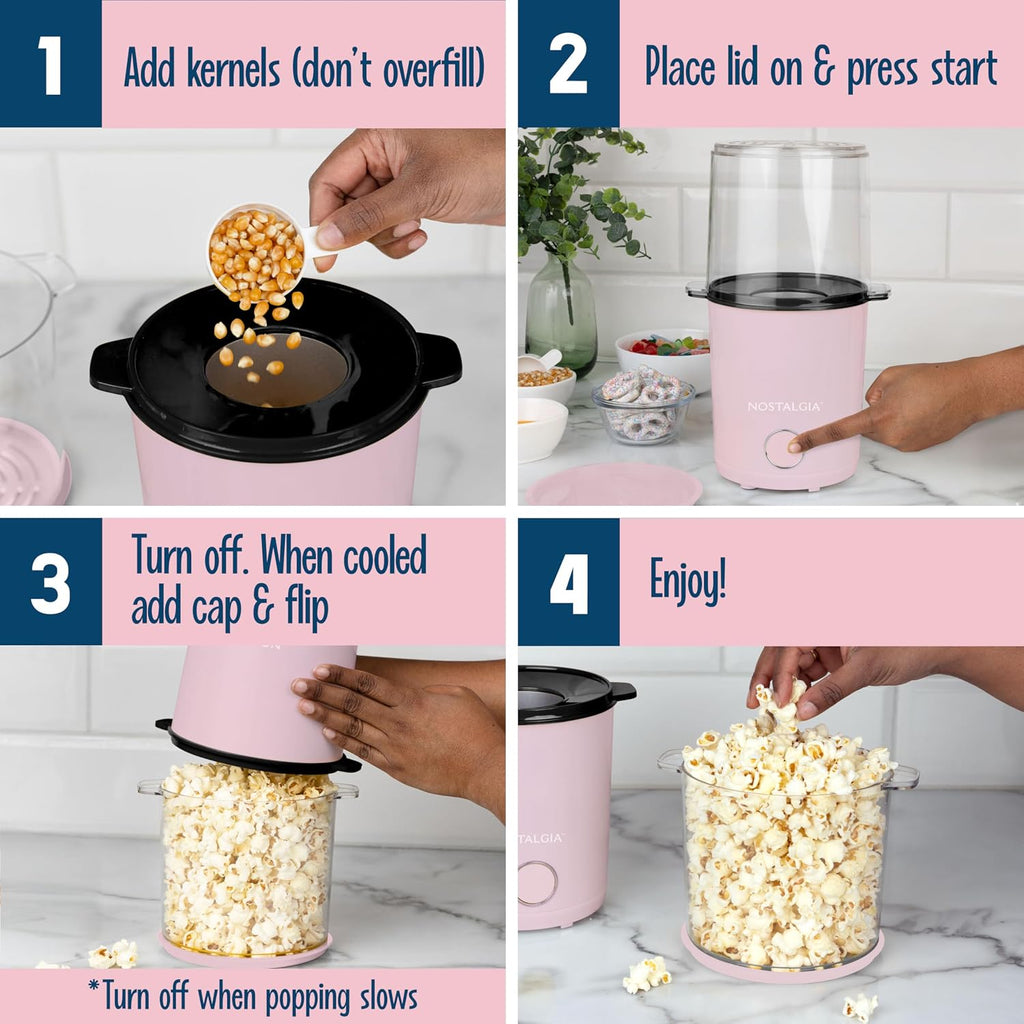 8-Cup Hot Air Popcorn Maker & Bowl - 2-In-1 Bowl & Lid, 2 Oz Measuring Cup - Oil-Free Pop Corn for Movie Night, Snacks, Birthday Parties, and More - Pink
