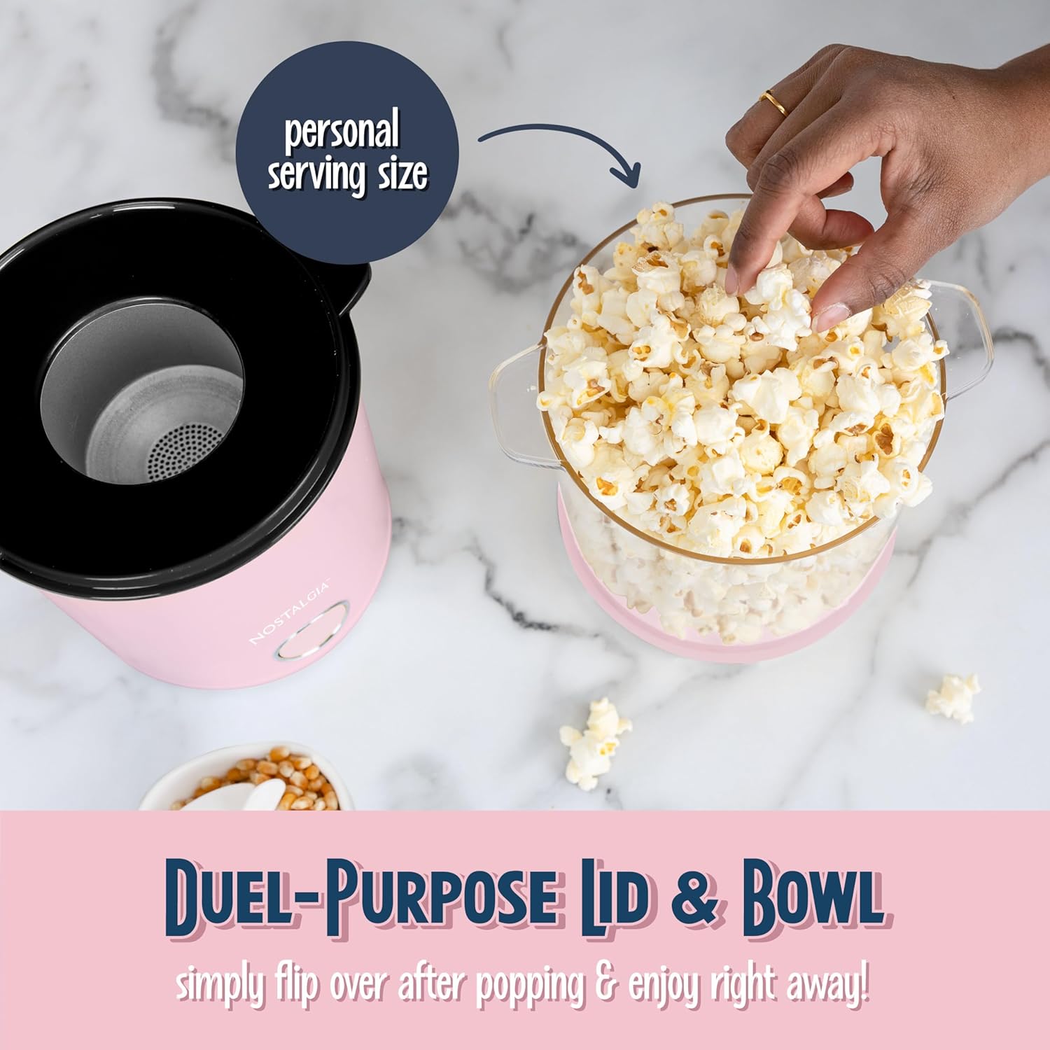 8-Cup Hot Air Popcorn Maker & Bowl - 2-In-1 Bowl & Lid, 2 Oz Measuring Cup - Oil-Free Pop Corn for Movie Night, Snacks, Birthday Parties, and More - Pink