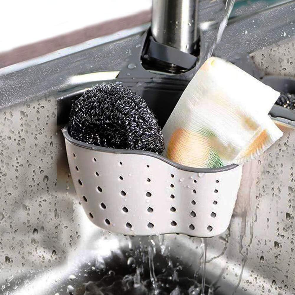 Kitchen Sink Caddy Sponge Holder Silicone Plastic Soap Holder Hanging Ajustable Strap Faucet Caddy with Drain Holes（2 Pack)