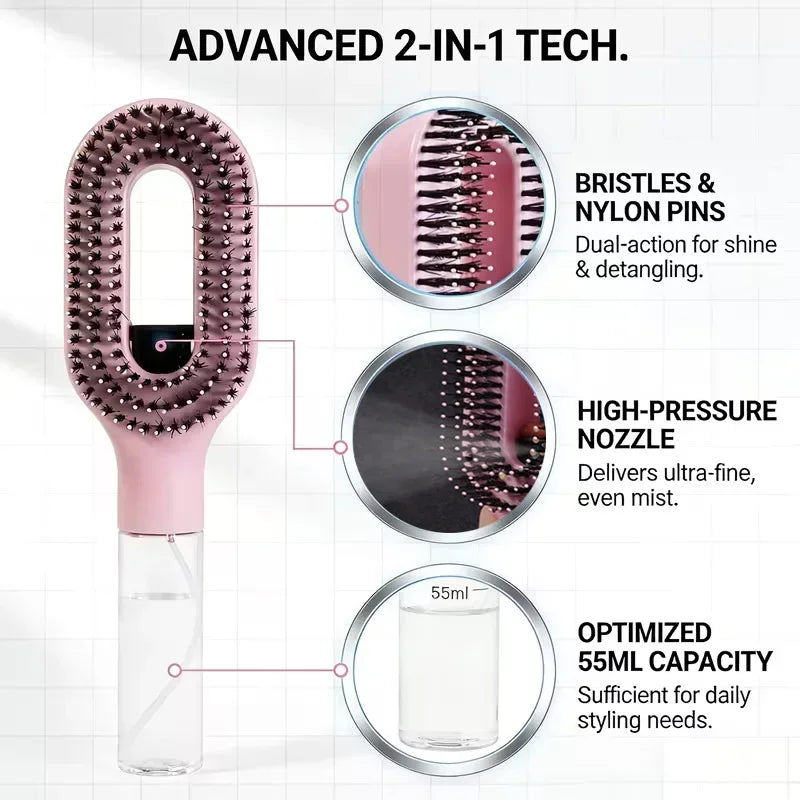 2-in-1 Scalp Massage Detangling Brush | Spray Mist Hairbrush for Frizz-Free, Smooth Hair
