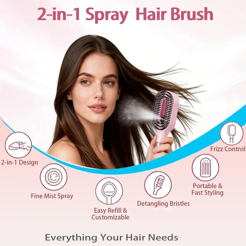 2-in-1 Scalp Massage Detangling Brush | Spray Mist Hairbrush for Frizz-Free, Smooth Hair